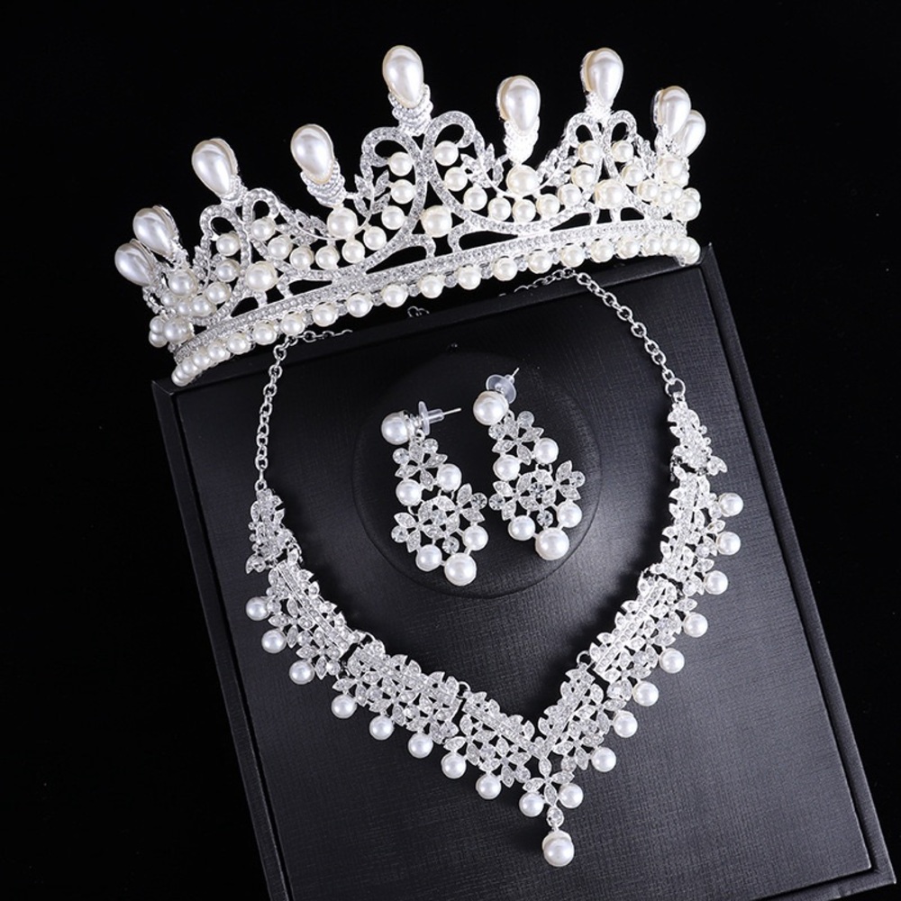 Elegant Pearl and Crystal Tiara Necklace Earring Set